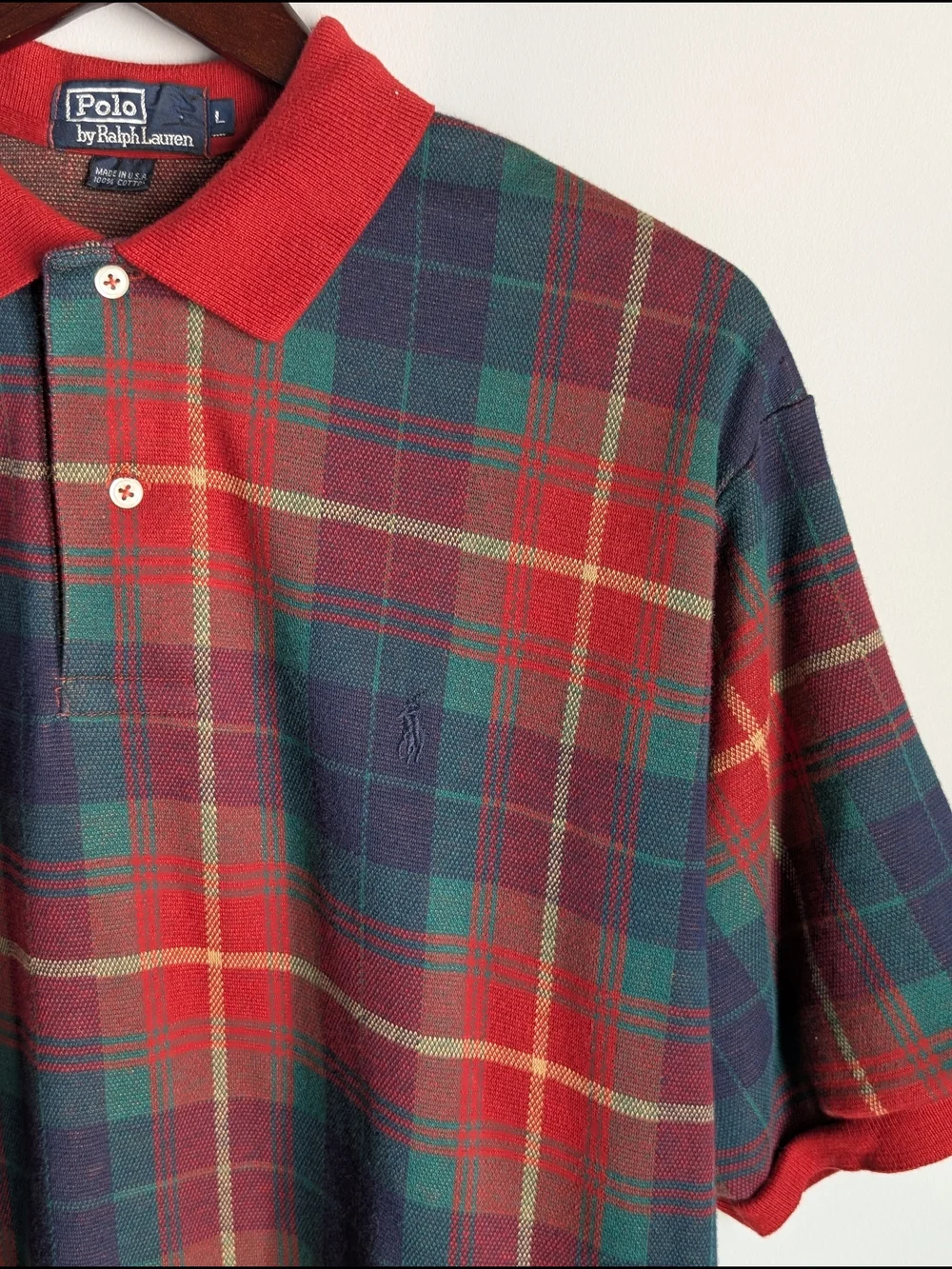 VTG Polo Ralph Lauren Men's Polo Sz Large Red Tartan Plaid Made In The USA 90's